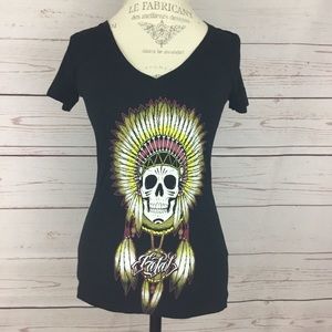 Fatal Clothing Skull with Indian Head dress V neck